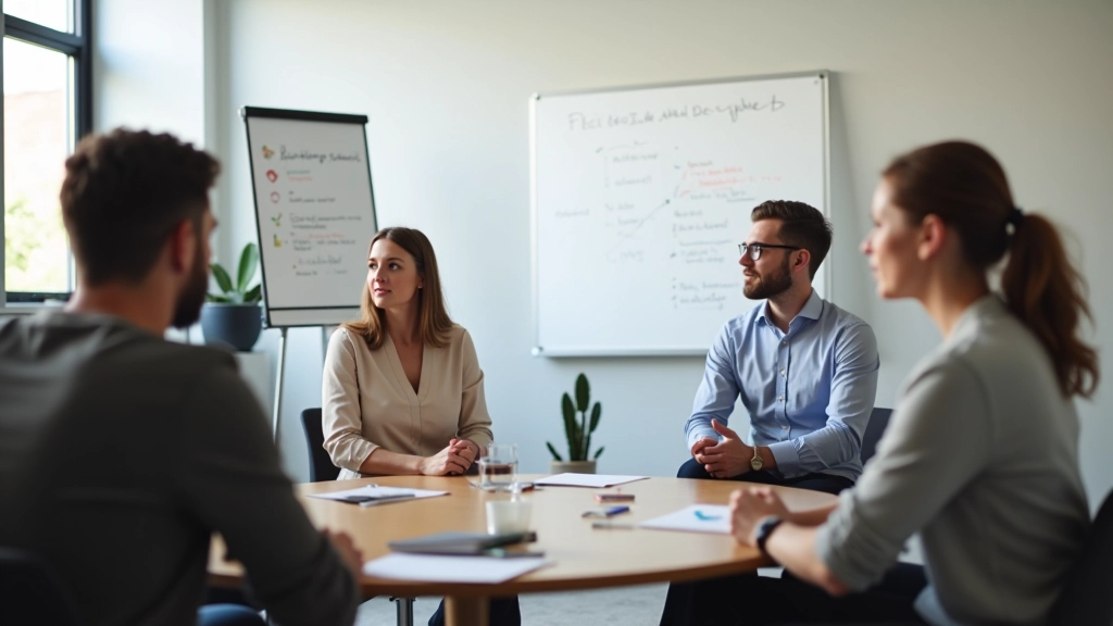 Vier Menschen sitzen in einem Kreis, einer präsentiert ein Problem auf einem Whiteboard während andere aktiv zuhören