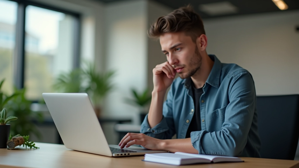 Person sitzt an Laptop und macht sich Notizen, nachdem sie konstruktives Feedback erhalten hat, wirkt nachdenklich und offen