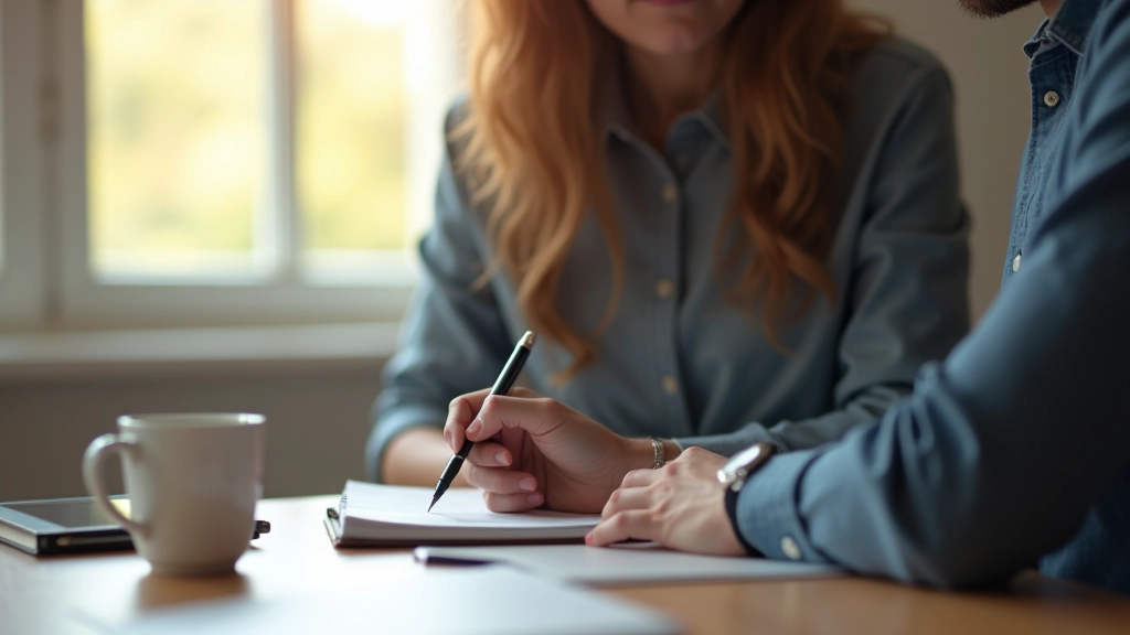 Person schreibt konzentriert in Journal, mit Kaffee und Notizbüchern auf dem Schreibtisch