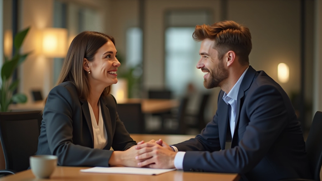 Zwei Kollegen führen ein offenes Gespräch an einem Schreibtisch in einem hellen Büro